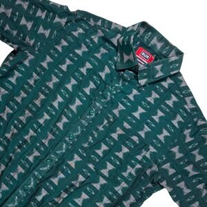 SUR Mens Short Sleeve‎ Cotton Button Down Shirt Green Ikat Geometric Pattern 42